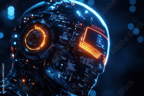 Cybernetic robot head with intricate glowing details