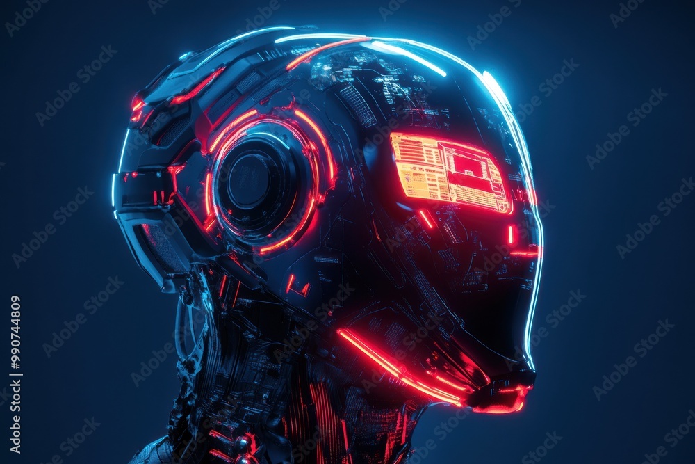 High-tech robot with red and blue neon circuit design High-tech robot with red and blue neon circuit design
