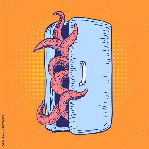 Octopus tentacles emerge from refrigerator in hand drawn vintage style. Creative retro vector illustration monster for print or tattoo.