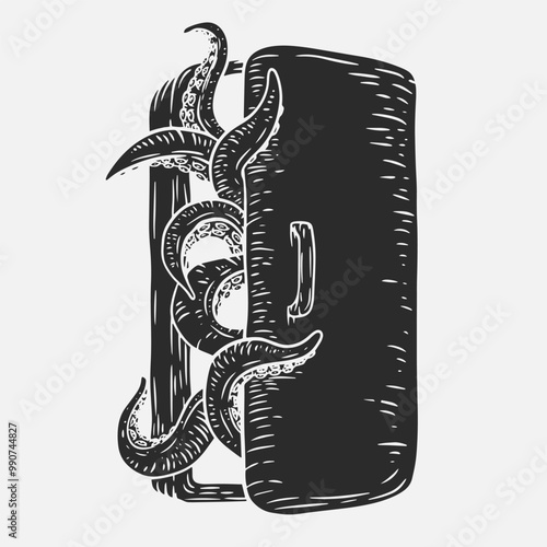 Octopus tentacles emerge from refrigerator in hand drawn monochrome style. Creative retro vector illustration monster for print or tattoo.