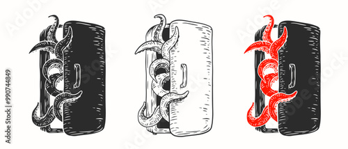 Set octopus tentacles emerge from refrigerator in hand drawn monochrome style. Creative retro vector illustration monster for print or tattoo.