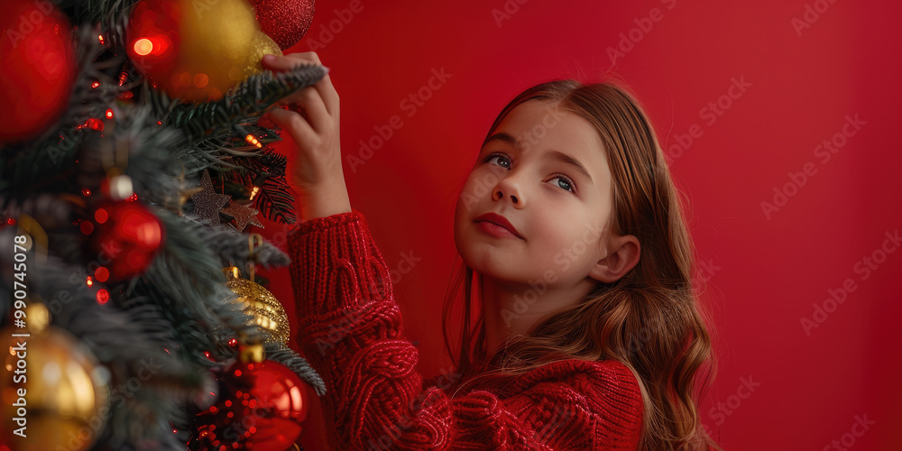 Little girl in a red sweater is hanging a Christmas ornament on a tree. Preparing for the holiday Little girl in a red sweater is hanging a Christmas ornament on a tree. Preparing for the holiday
