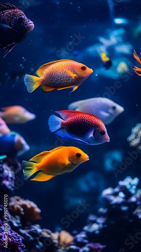 A group of colorful tropical fish swimming in the water, with vibrant colors and beautiful coral reefs around them