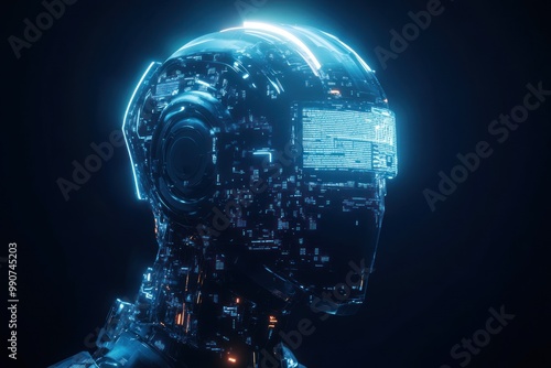Robotic figure with LED-lit face and digital patterns.