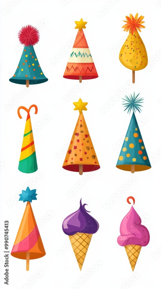 Colorful Party Hats and Ice Cream Cones. Colorful Party Hats and Ice Cream Cones.
