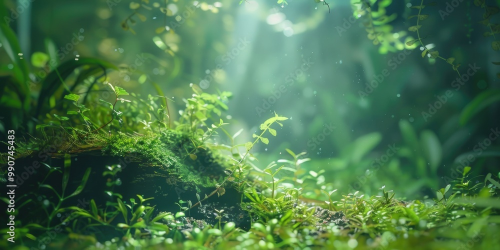 Peaceful and serene jungle forest scene with misty light filtering through the trees onto vibrant green plants and moss. A place of tranquility and natural beauty. Peaceful and serene jungle forest scene with misty light filtering through the trees onto vibrant green plants and moss. A place of tranquility and natural beauty.