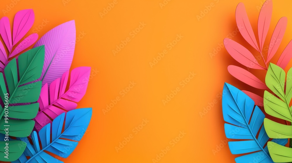 Fototapeta premium Colorful paper leaves arranged on a vibrant orange background.