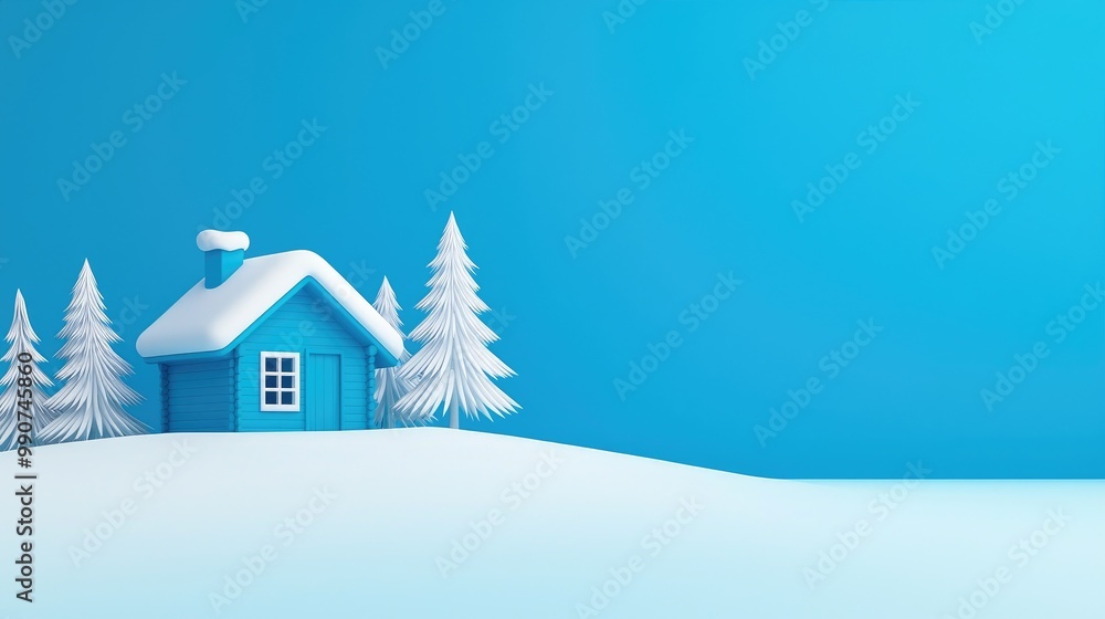 Colorful winter house surrounded by snow-covered trees on blue background. Colorful winter house surrounded by snow-covered trees on blue background.