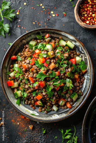 Vegetarian dish of lentils, tomatoes and cucumbers in a bowl on a table with herbs