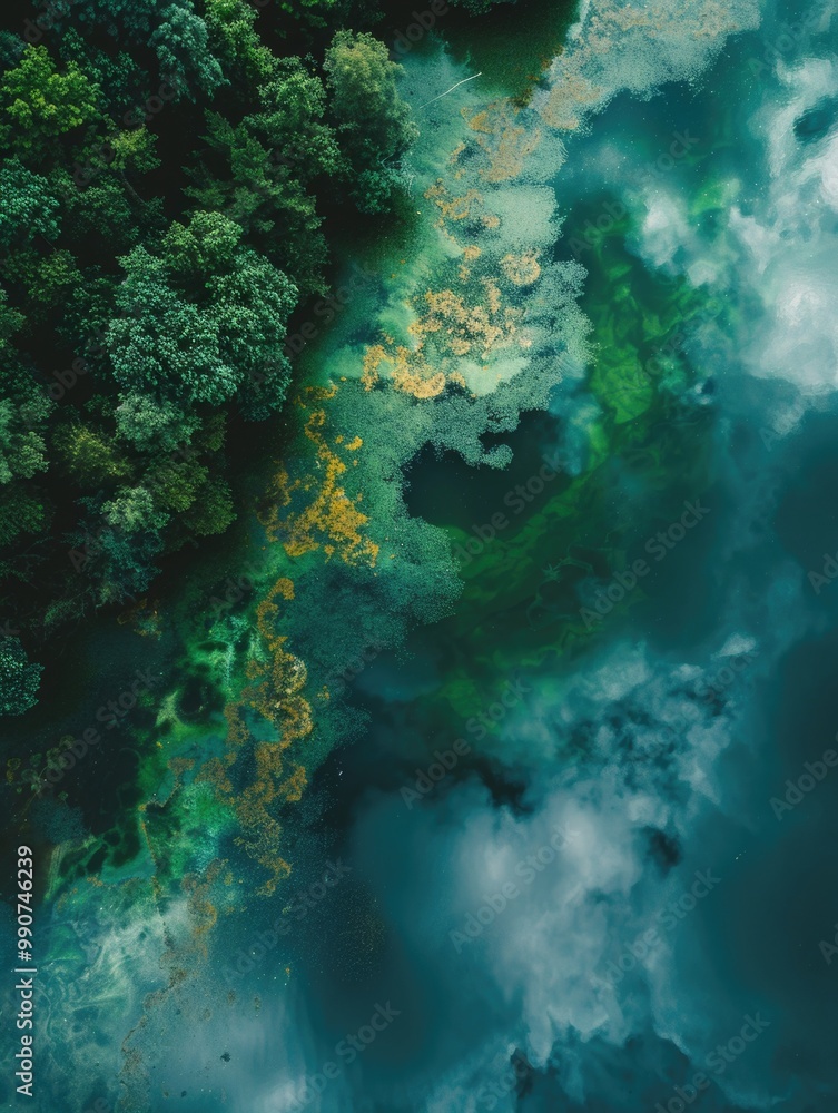 Fototapeta premium Freshwater lake with green plants and misty atmosphere