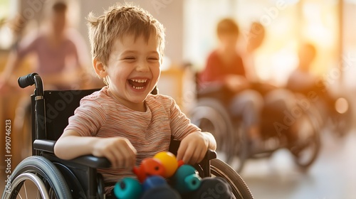 Multiethnic kids in wheelchairs playing with colorful toys in a bright rehab center, sunlight pouring through large windows, smiles and laughter, Digital painting, Warm tones