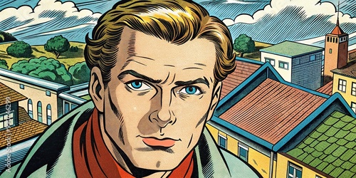 Vintage retro comic book background featuring an antagonist or protagonist introduction scene from a bird's eye view photo