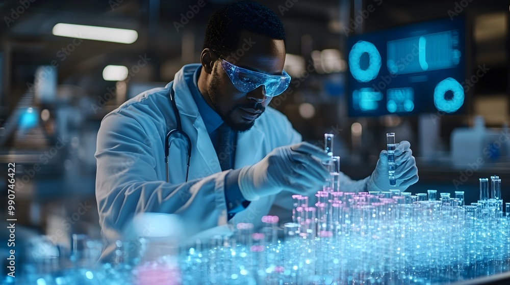 Pharmacist handling medical vials on a conveyor belt, surrounded by digital AI analytics and glowing blue holograms, African American, Sci-Fi, Neon Pharmacist handling medical vials on a conveyor belt, surrounded by digital AI analytics and glowing blue holograms, African American, Sci-Fi, Neon