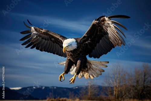 A bald eagle flies with wings spread wide majestically against a bright blue sky, perfect for patriotic, wildlife. Generative AI photo