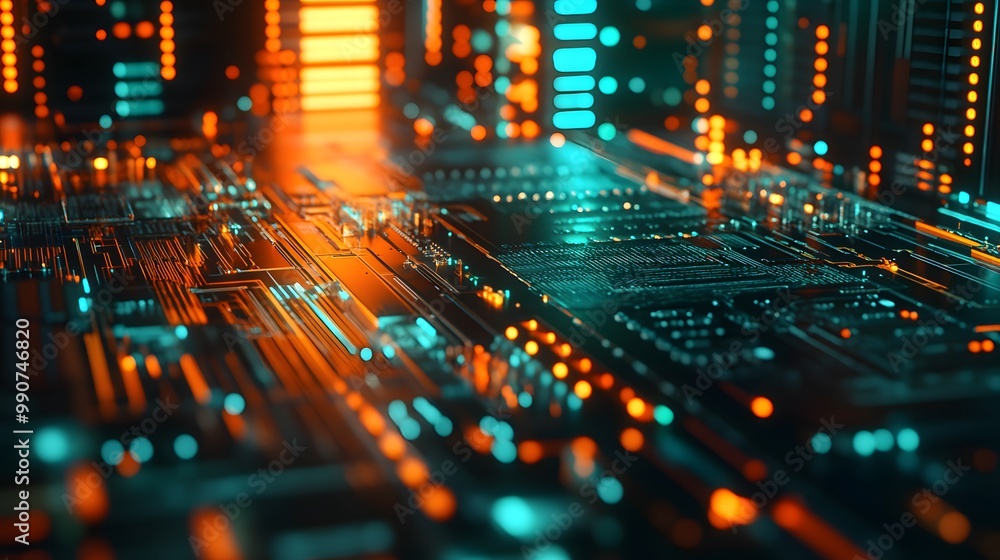 Obraz premium Futuristic Circuit Board with Orange and Teal Lights