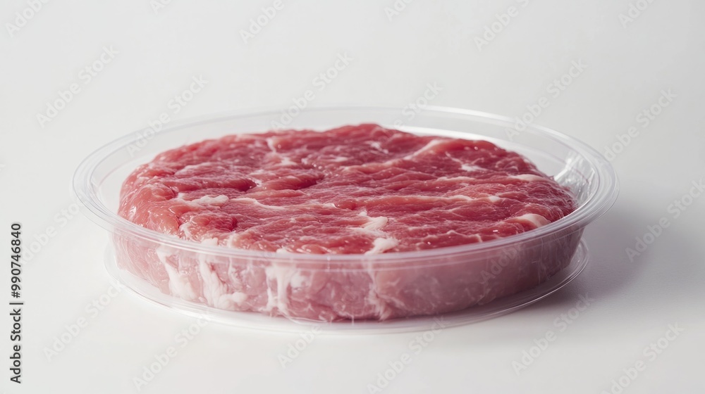 Clear plastic container filled with freshly cut beef cutlets, ready for cooking or storage. Clear plastic container filled with freshly cut beef cutlets, ready for cooking or storage.