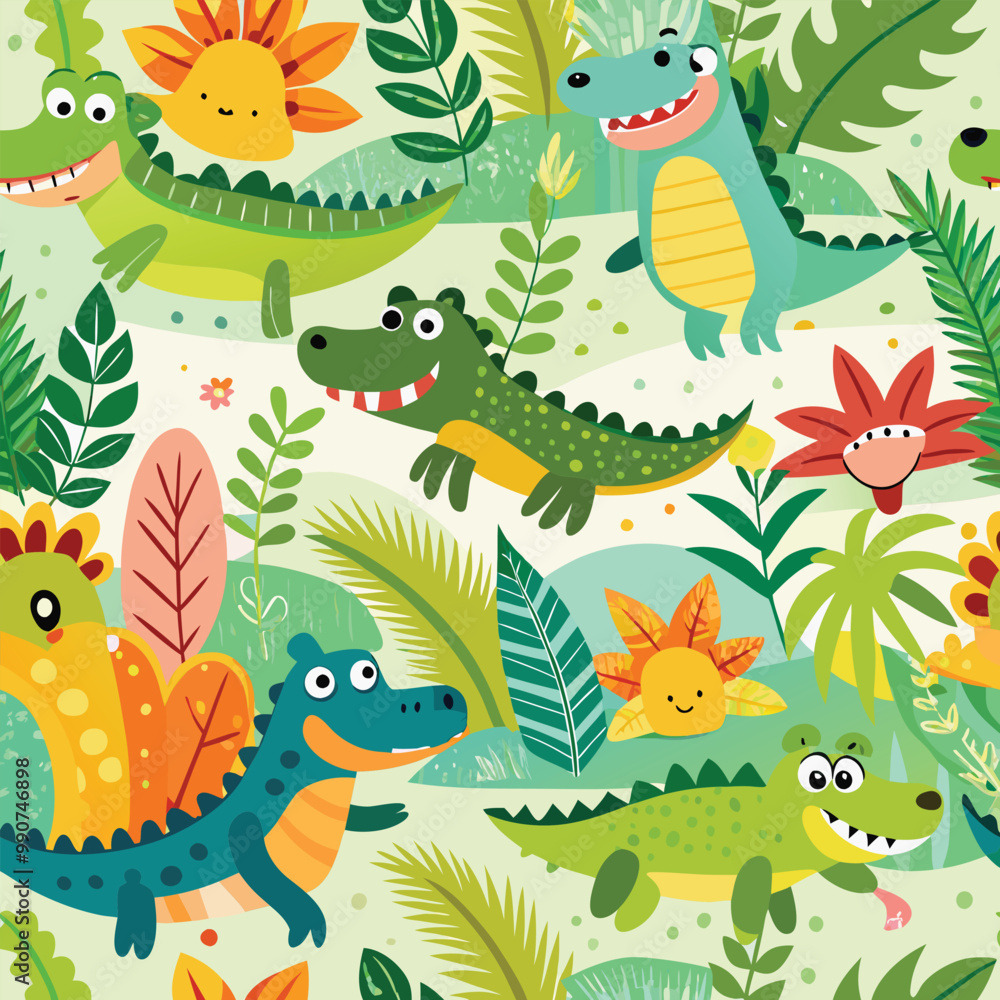 Seamless pattern with cute cartoon colorful crocodiles. Childish jungle vector texture. Seamless pattern with cute cartoon colorful crocodiles. Childish jungle vector texture.