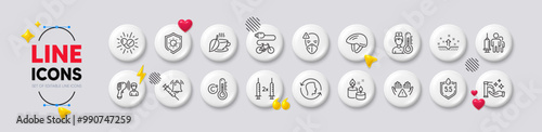Vaccine announcement, Bicycle helmet and Aroma candle line icons. White buttons 3d icons. Pack of Face id, Electronic thermometer, Medical mask icon. Vector