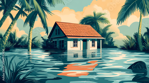 A lone house surrounded by floodwaters in the aftermath of a tropical storm. Tropical Storm. Illustration photo