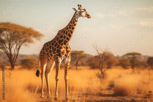 A giraffe stands in a savanna of tall grass amid trees, the sky, and a sunset. ideal for themes related to wildlife, nature, travel, and safari. Generative AI photo