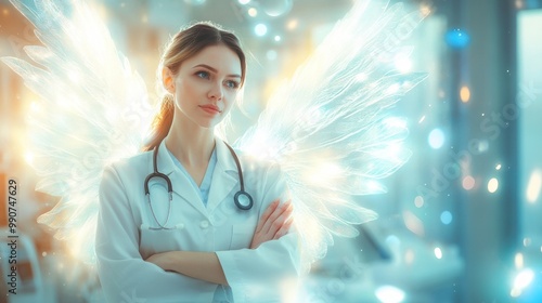 Meditative doctor with angel wings in serene hospital photo