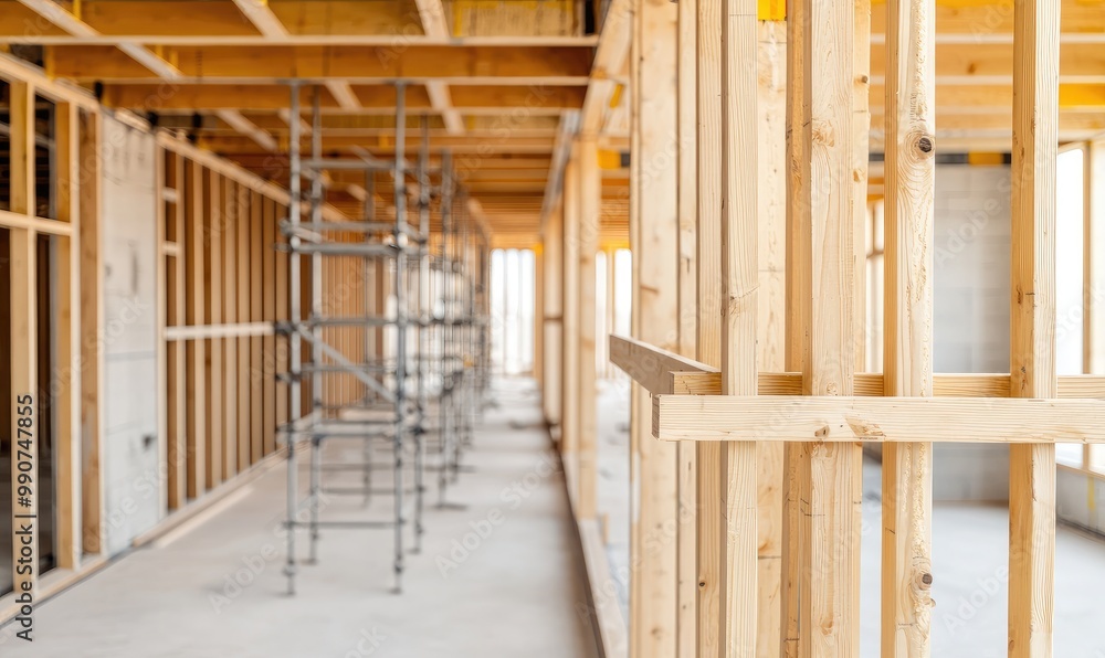 Interior view of a wooden structure under construction with scaffolding. Interior view of a wooden structure under construction with scaffolding.