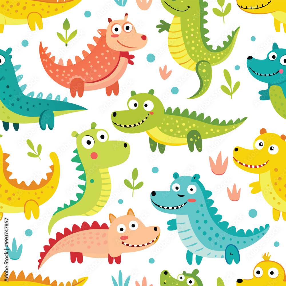 Obraz premium Seamless pattern with cute cartoon colorful crocodiles. Childish jungle vector texture.