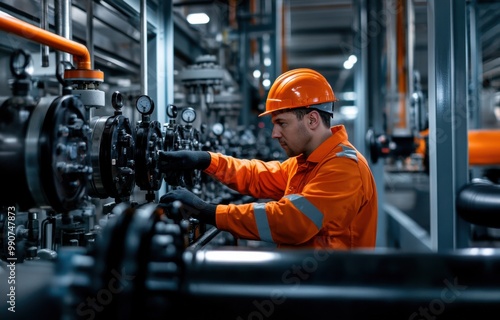 Male technician in orange uniform working with modern machinery at an oil and gas production plant, professional photography, natural lighting