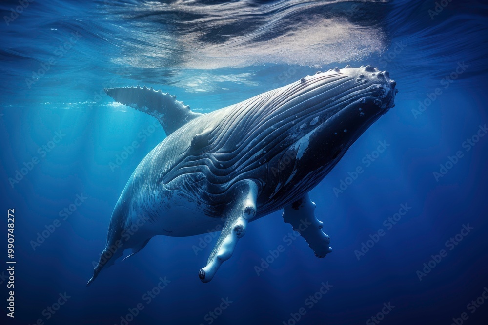 Obraz premium Humpback whales swim gracefully, gliding across the blue sea with sunlight penetrating the water, surrounded by schools of fish. Generative AI