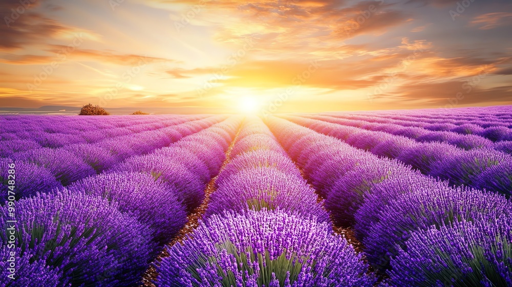 Obraz premium Sunrise over a field of lavender flowers.