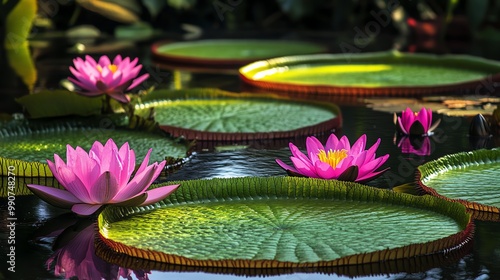 Pink water lilies bloom on large green lily pads in a pond. photo