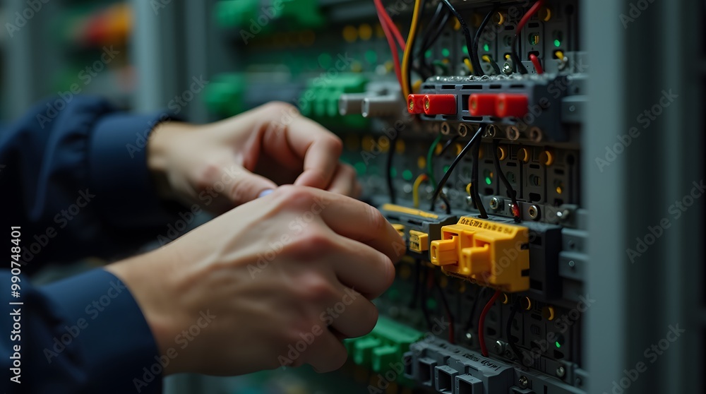 Close-up of Electrician's Hands Working on Electrical Panel Close-up of Electrician's Hands Working on Electrical Panel