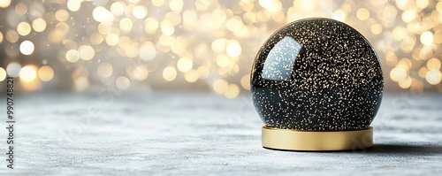 Black 3D snow globe with golden details, glowing softly in a minimalist setting, luxurious holiday decoration