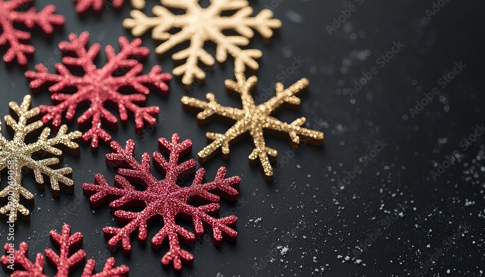 Floating 3D snowflakes in red and gold, shimmering on a black background, stylish holiday atmosphere Floating 3D snowflakes in red and gold, shimmering on a black background, stylish holiday atmosphere