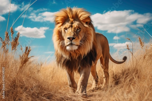 Under a clear blue sky and tall grass, the image shows a lion ambling across a savanna. is ideal for designs, posters, nature, safari, and animal themes. Generative AI photo