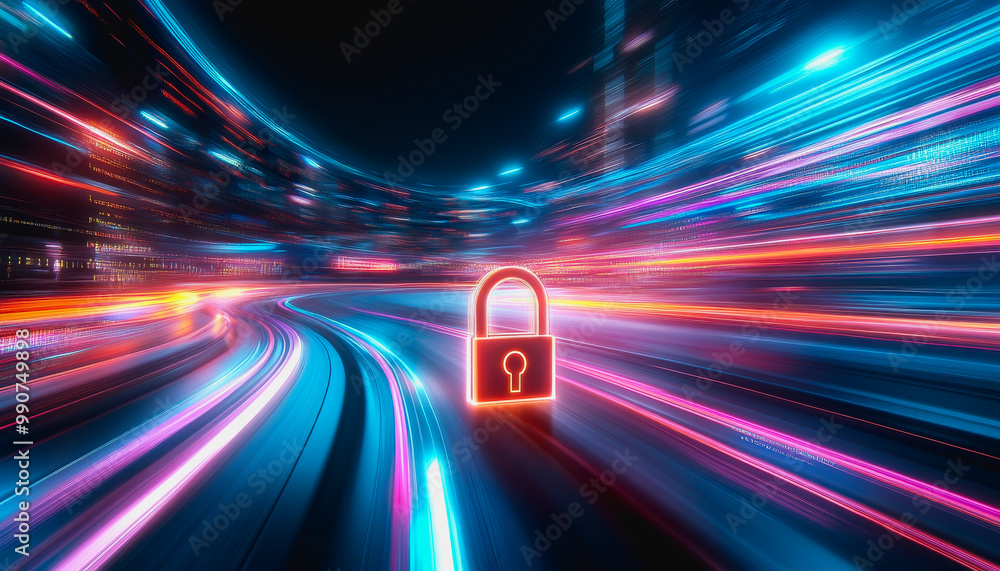 Glowing digital padlock symbolizing cybersecurity in a futuristic, high-tech environment