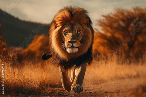 Under a clear blue sky and tall grass, the image shows a lion ambling across a savanna. is ideal for designs, posters, nature, safari, and animal themes. Generative AI photo