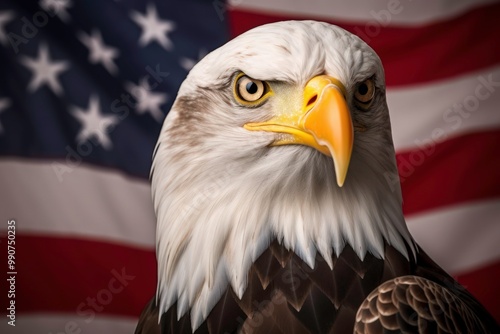 Bald eagle with sharp eyes, white head and american flag background. Perfect for patriotic designs and American themed projects. Generative AI photo