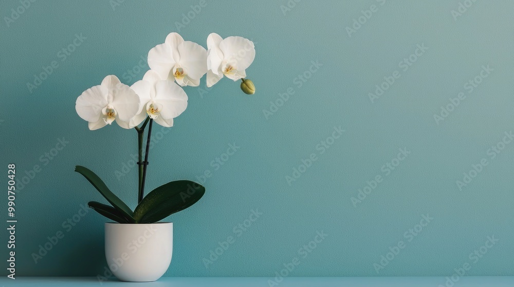 White orchid plant in a modern pot against a teal background. White orchid plant in a modern pot against a teal background.