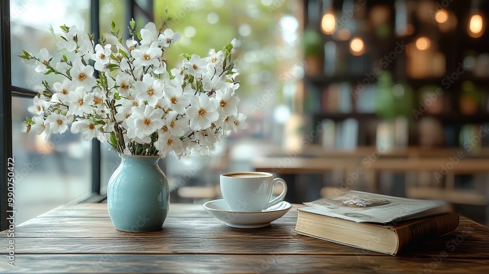 A vase filled with daisies and a teacup sit on a table, creating a cozy and inviting scene. A vase filled with daisies and a teacup sit on a table, creating a cozy and inviting scene.