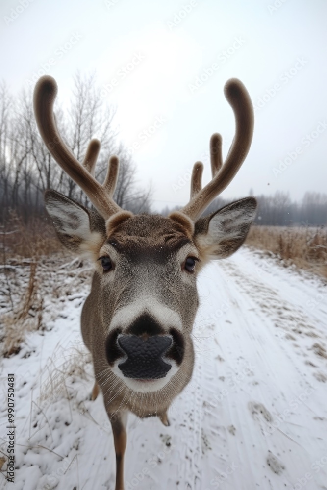 Lone deer with antlers amidst snowy woods, ready for winter. Antlered buck standing on road after fresh snowfall. Lone deer with antlers amidst snowy woods, ready for winter. Antlered buck standing on road after fresh snowfall.