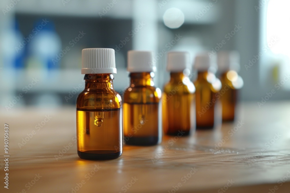 Various small bottles containing oils on a table. Various small bottles containing oils on a table.