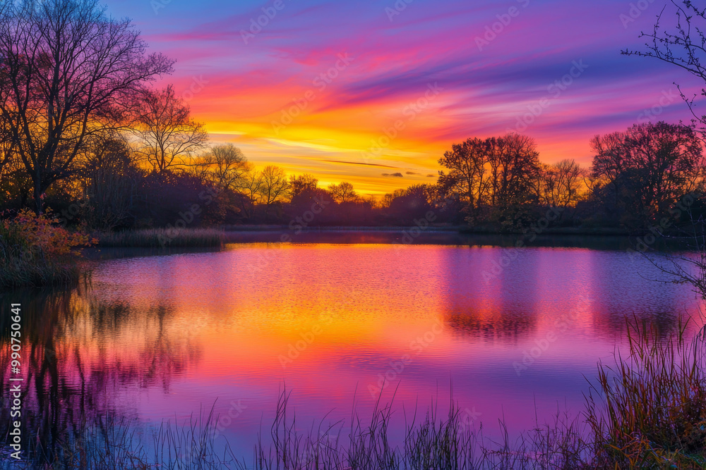 A vibrant sunset reflects on a tranquil lake, surrounded by trees, creating a serene and picturesque landscape. A vibrant sunset reflects on a tranquil lake, surrounded by trees, creating a serene and picturesque landscape.
