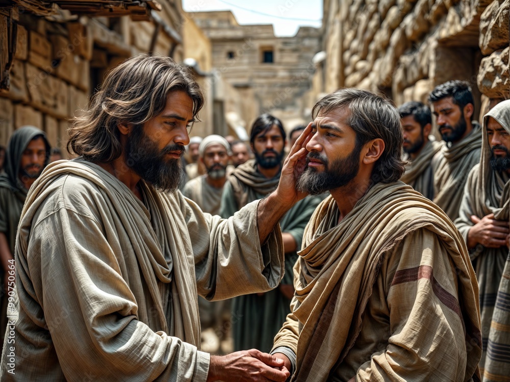 Gospel Images from the Bible NT - Jesus heals blind man using mud from saliva Gospel Images from the Bible NT - Jesus heals blind man using mud from saliva