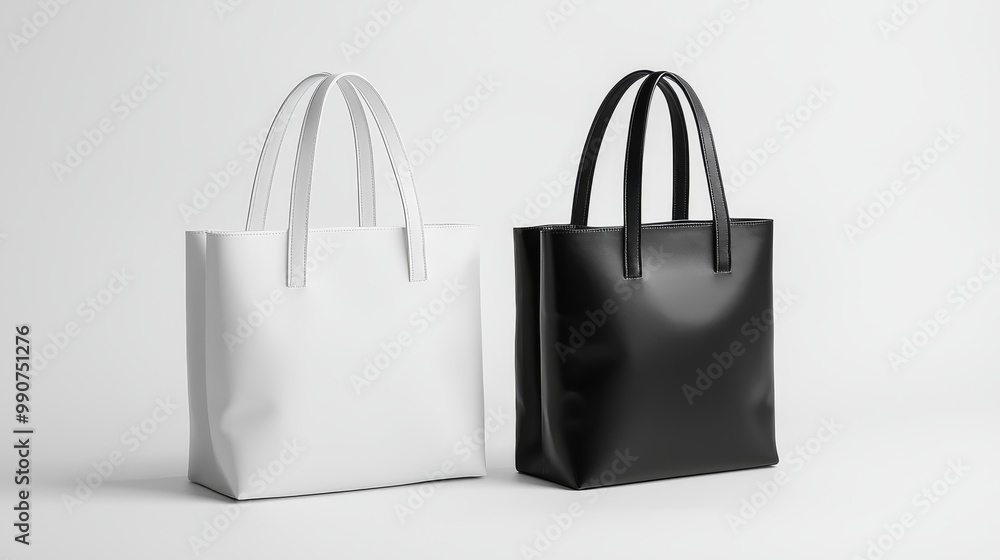 Two tote bags, one white and one black, with long handles on a plain white background, showcasing contrast. Two tote bags, one white and one black, with long handles on a plain white background, showcasing contrast.