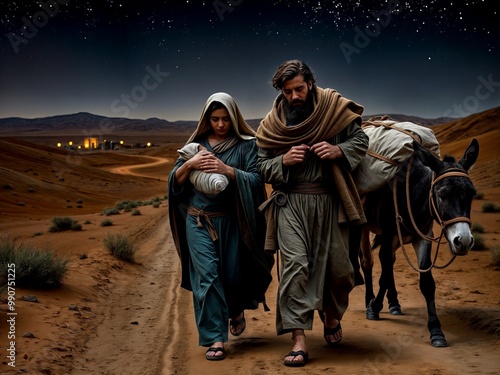 Gospel Images from the Bible NT - Joseph and Mary flee from Bethlehem to Egypt with baby Jesus at night photo