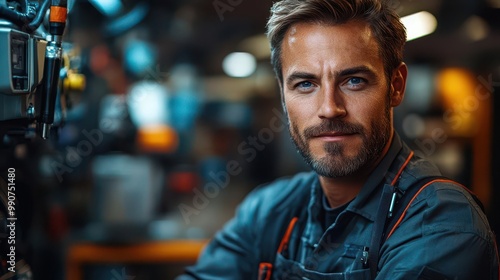 confident male auto mechanic in a modern hightech garage surrounded by advanced diagnostic equipment and gleaming tools