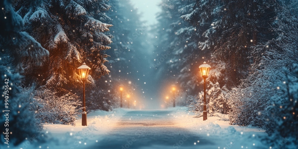 Snowy Path Illuminated by Street Lamps in a Forest Snowy Path Illuminated by Street Lamps in a Forest