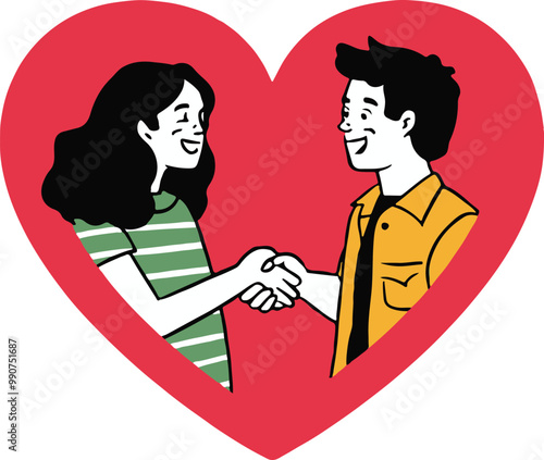 Two friends shaking hands inside a love shape vector art illustration.