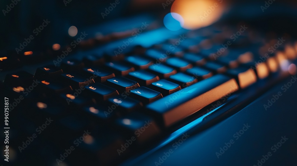 A sleek black backlit keyboard rests on a table, its illuminated keys glowing softly against the dark surface. A sleek black backlit keyboard rests on a table, its illuminated keys glowing softly against the dark surface.